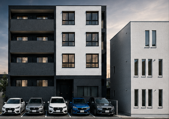 採用済みの建物外観CG。左側に濃色のバルコニー、右側に明るい外壁を配した4階建て